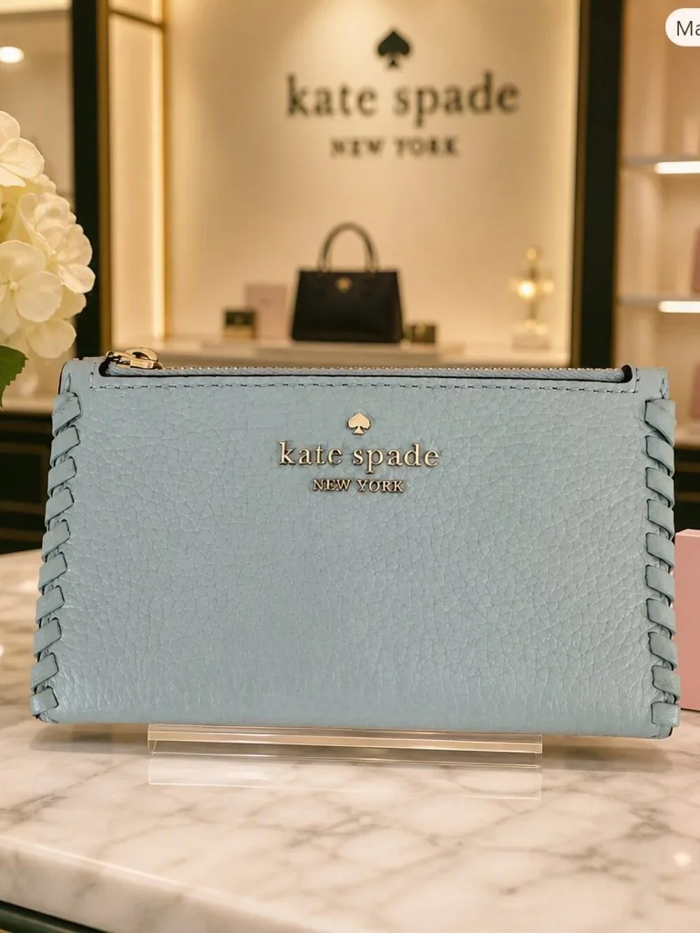 Kate Spade Light Blue Pebbled Leather Wallet with Whipstitch Edge